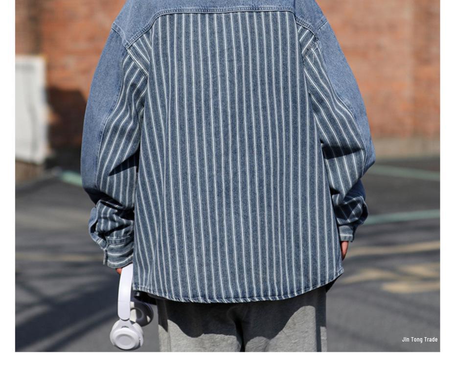 Herrjacka Vår/Höst Randig Lapptäcke Denimjacka - Trendig, Cool, Lös Passform, Tvättad Arbetskläder i Amerikansk Hong Kong-stil.