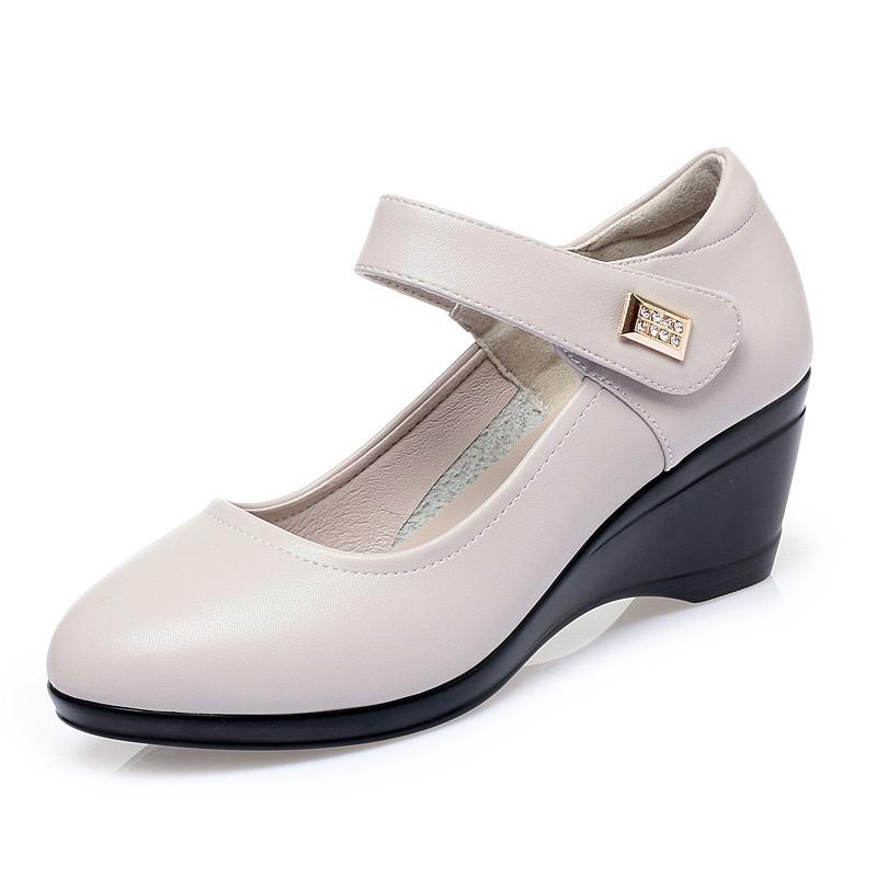 

Fashion Mom Shoes High-heel Wedge 2024 New Women Autumn Shoes Round Head Mid-aged Shallow Mouth Ladies Shoes 35 бежевый