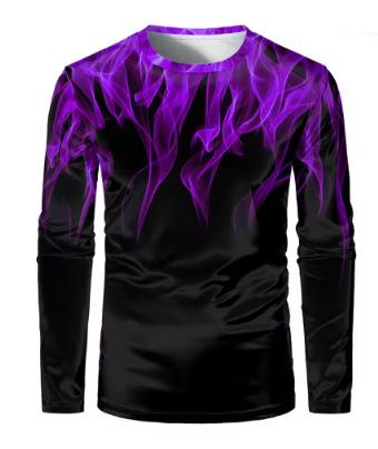 Fashion multi-color flame print men's long-sleeved T-shirt personality funny T-shirt retro street loose trend T-shirt