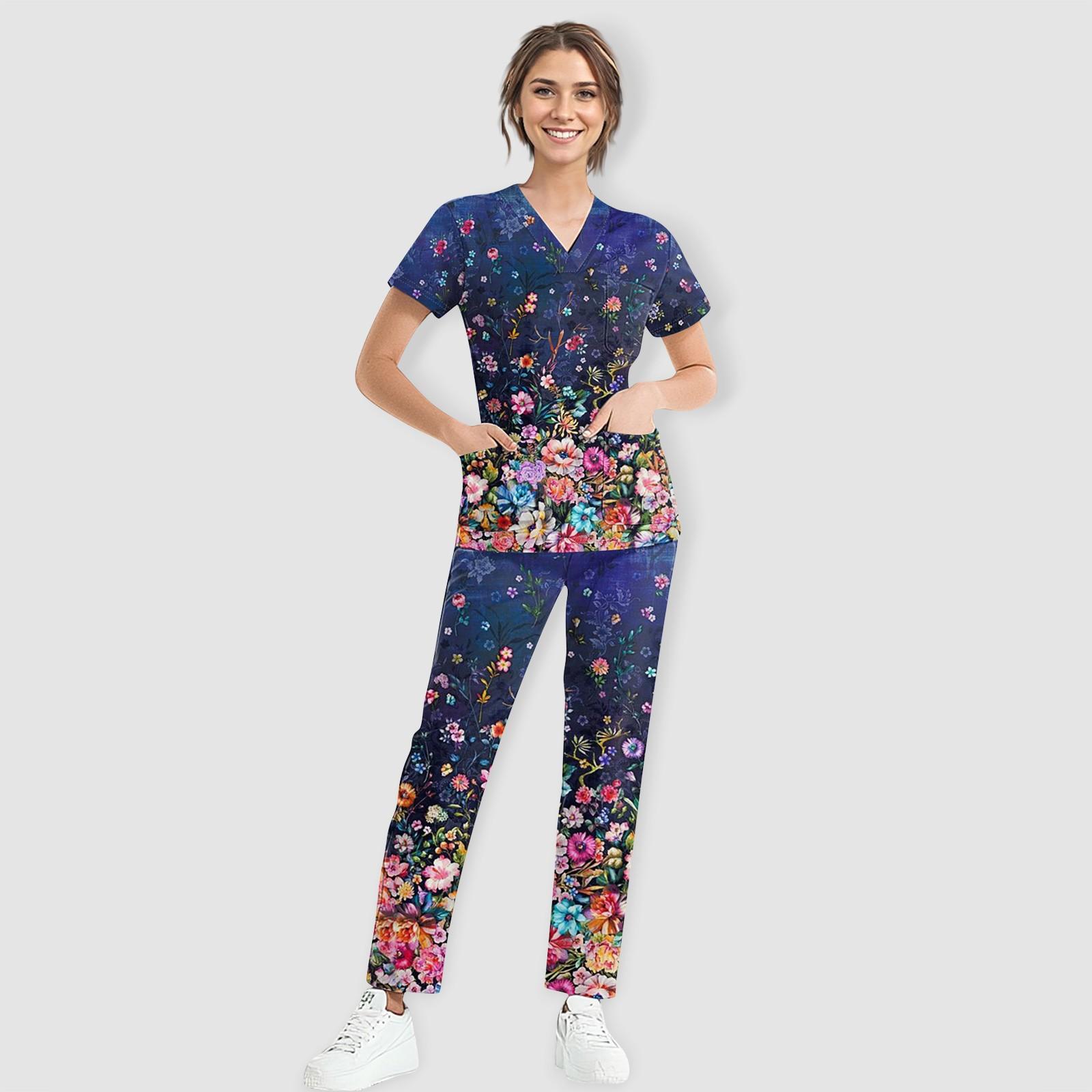 

Женский рабочий топ с коротким рукавом, V-образным вырезом, цветочным принтом, нагрудным карманом, эластичным поясом, брюки, комплект из двух предметов, 3 кармана, женские топы-халаты L тёмно-синий