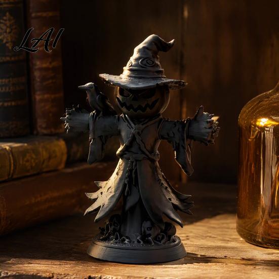 Matte Black Resin Statue Pumpkin Scarecrow with Crow Figurine 3D Printed Gothic Dark Witch Home Decor Hat Jack-o'-Lantern Statue Halloween