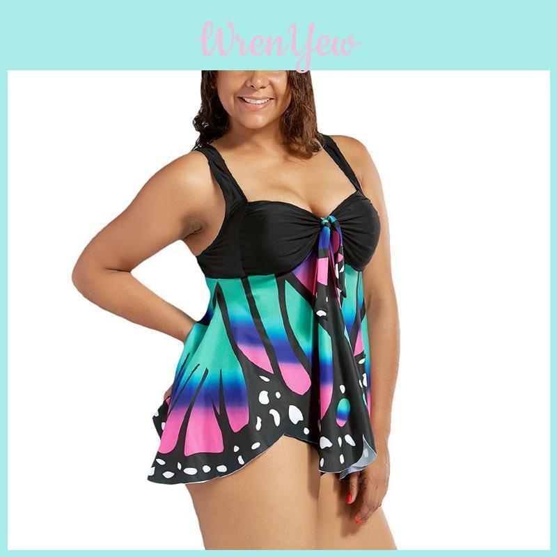 Übergröße Damen Schmetterlingsdruck Hohe Taille Blouson Tankini Stilvolle Bademode für Jeden Anlass