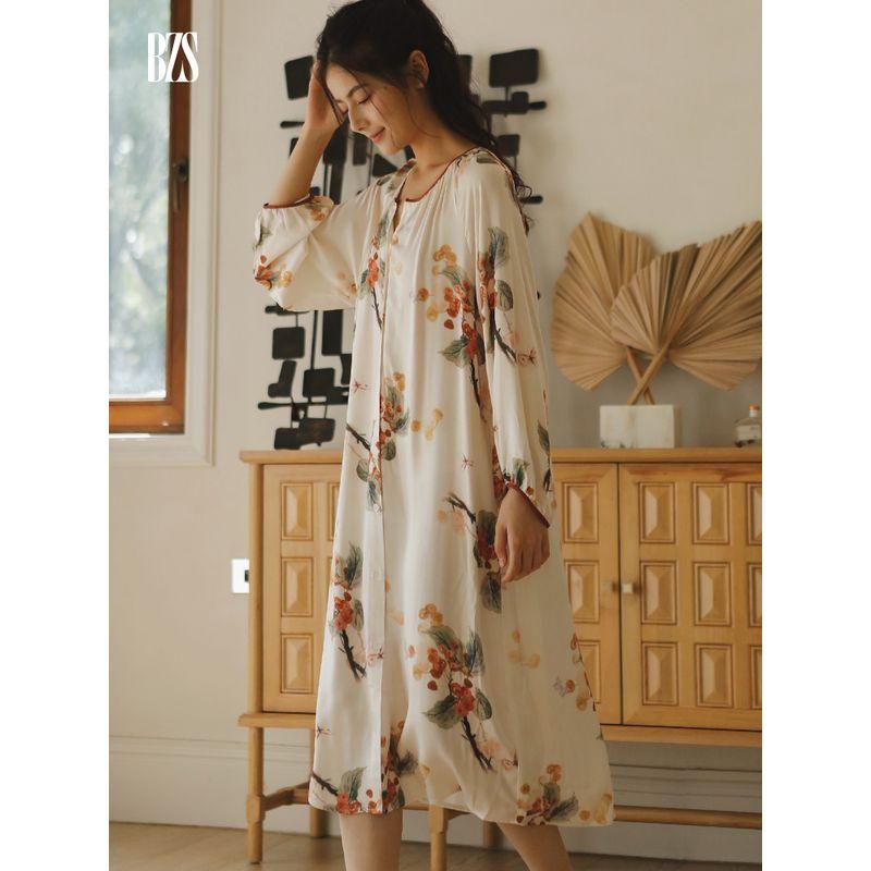 24 Autumn New Women's Rayon Satin Sweet Mori Fruit Outwear Print Cardigan Long Sleeves Home Nightdress