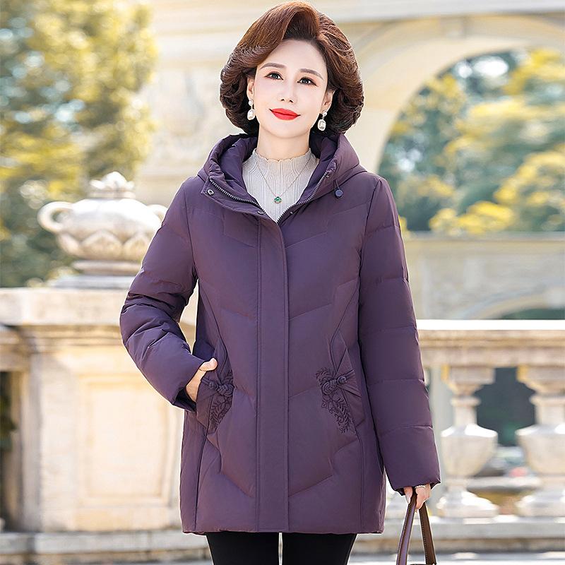 Middle-aged mother down jacket women's medium and long winter new foreign-style hooded white duck down thickened coat