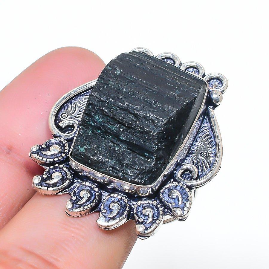 Natural Black Tourmaline Gemstone 925 Sterling Silver Jewelry Ring Size 8 AR-17012