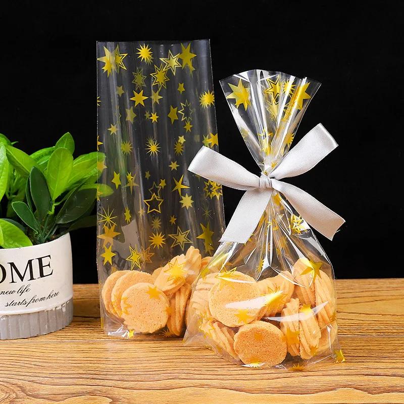 100Pcs Golden Star Baking Candy Biscuit Flat Pocket Stand Packaging Snowflake Nougat New Year Gift Bags