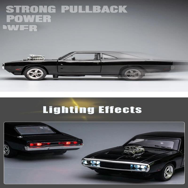 1:32 Legierung "Fast and Furious" Dodge Automodell mit Sound und Licht Druckguss-Spielzeugauto Pull Back Autosammlung Ornamente Jungen Geschenk Kinderspielzeug