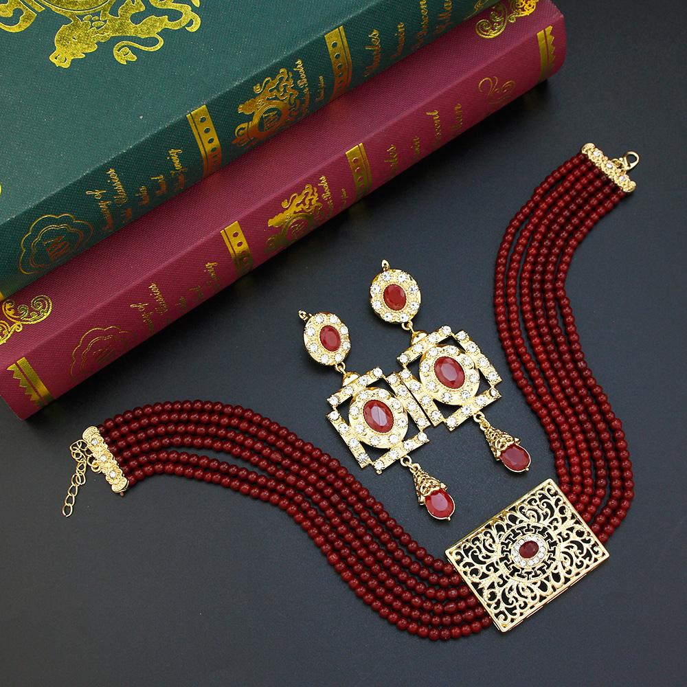 Schickes goldfarbenes Brautschmuck-Set für Frauen, Perlenhalsband, Halskette, Tropfenohrring, arabische Hochzeit, Bijoux