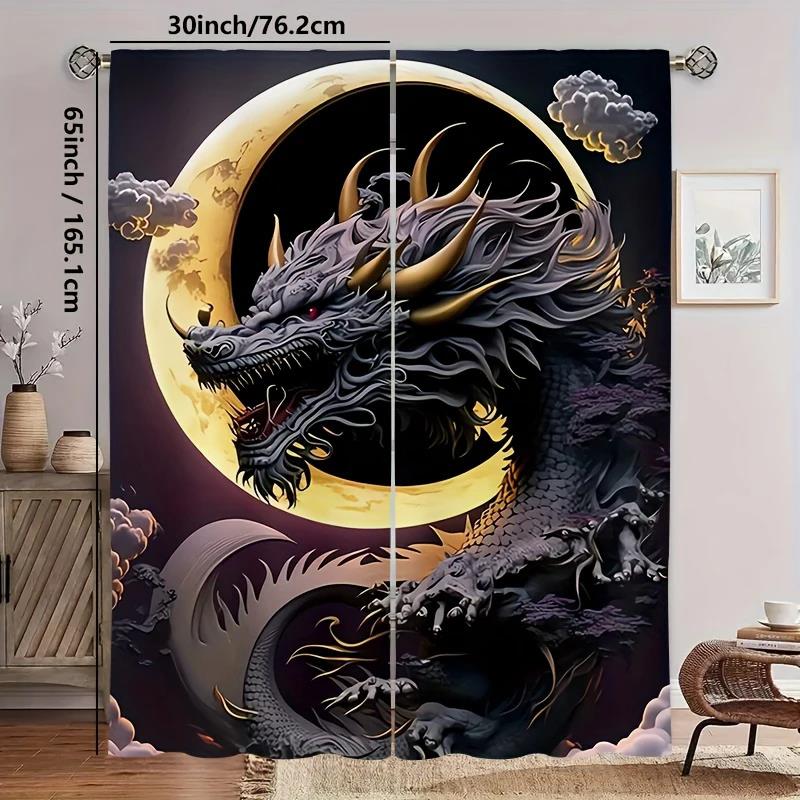 Classic 3D Embossed Black Dragon Totem Metal Printed Curtains, Pole Bag Home Decoration, Room Decoration