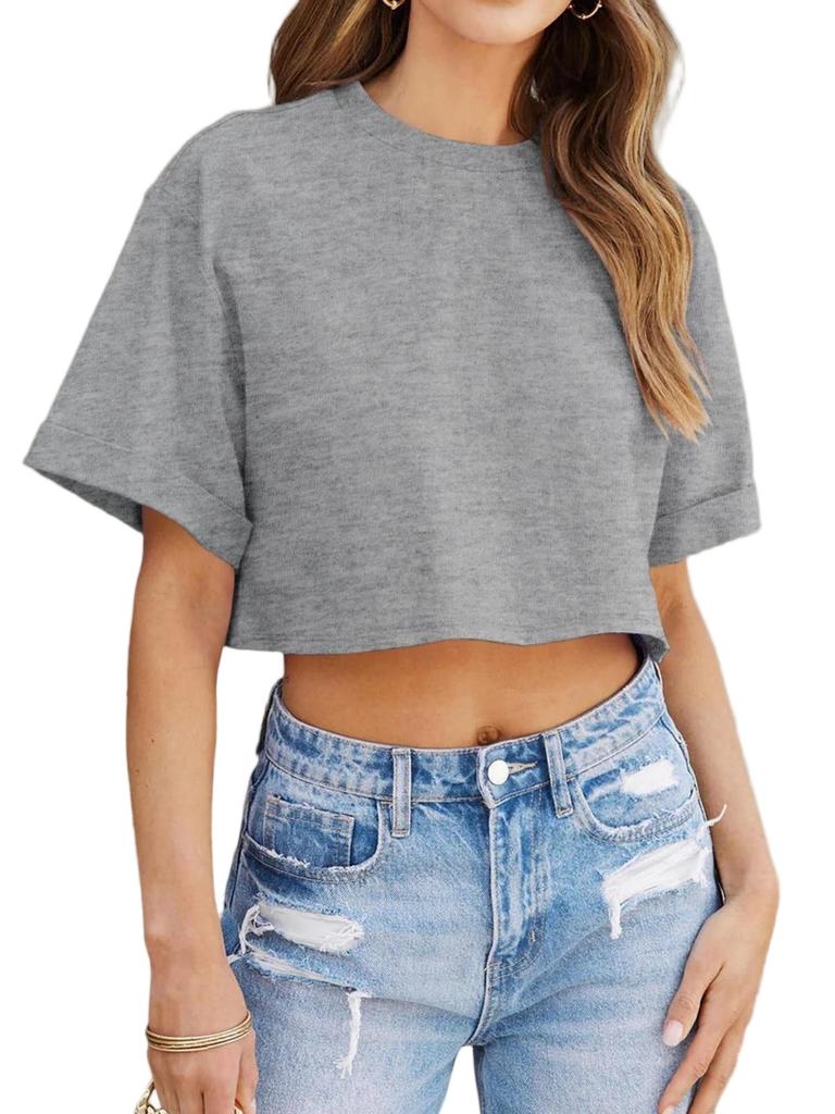 Damen Drop Shoulder Crop Top Kurzarm Y2K Sommer Basic T-Shirt