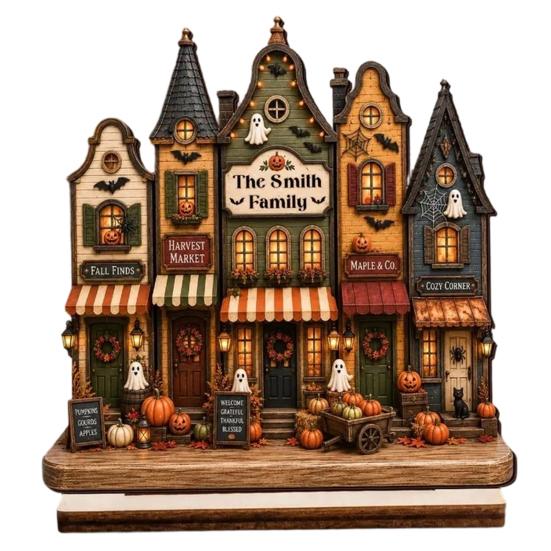 Living Room Wall Art Halloween Ghost Family Wooden Plaque, Pumpkin Couple Tabletop Sign, Indoor Hanging Signs Farmhouse Home Ornament for Tiered Tray