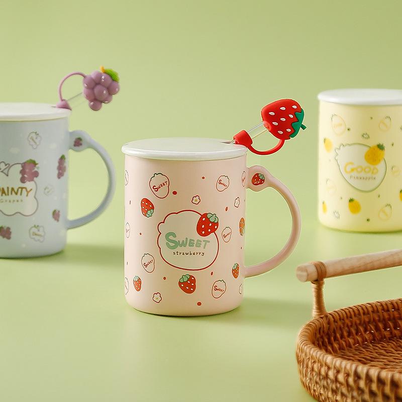 Fruit Straw Cup with Lid Cute Ins Style Fresh Glass Cup Breakfast Office Cup Opening Souvenir
