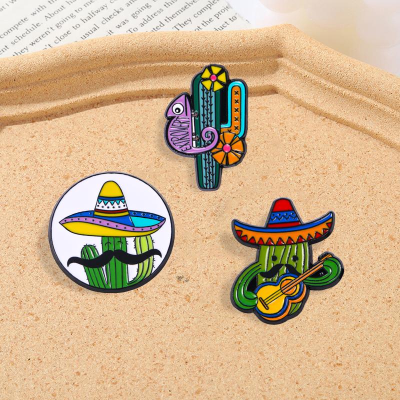 3 Styles Funny Desert Cactus Man Enamel Brooches Beard Guitar Extrovert Hat Cactus Pins For Backpack Bag Ornaments