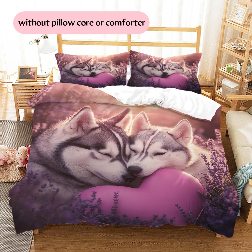 Husky and flowers Pattern Bedding Home Decoration Birthday Gift (1 * duvet cover + 2 * pillowcase, without core)