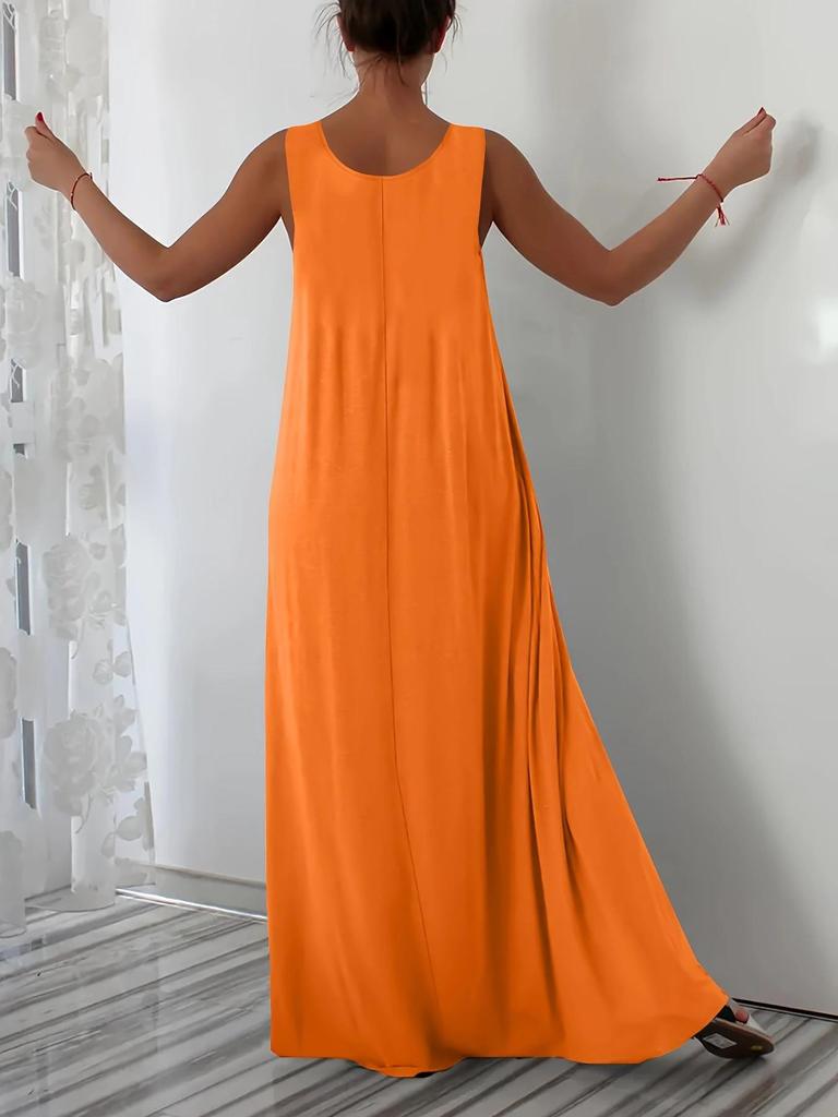 Plus Size Summer Solid Color Dress with Side Pockets (European and American Style)