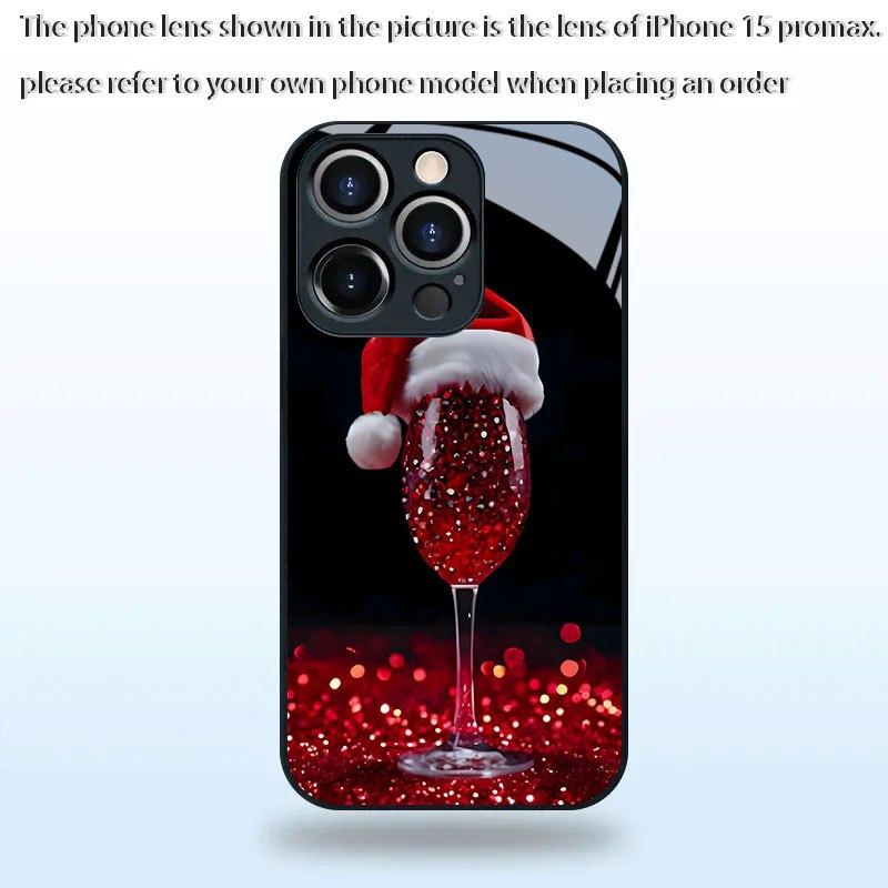 Christmas hat red wine glass patterned tempered glass phone case suitable for iPhone 17 16 15 14 13 12 11Pro/Max/Plus shockproof
