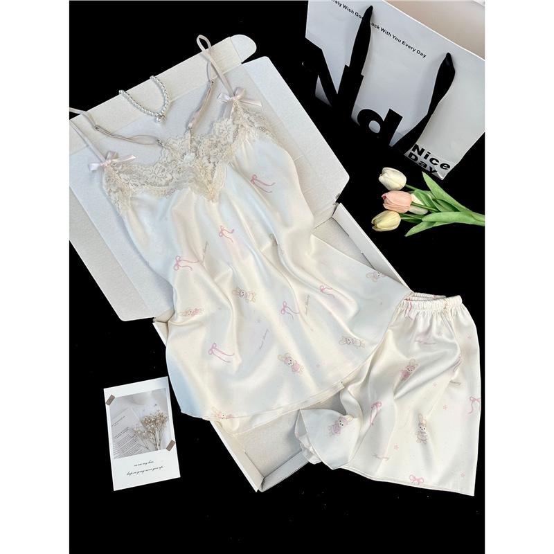 Women s Ice Silk Lace Print Pajama Set - Cool Camisole & Shorts XL