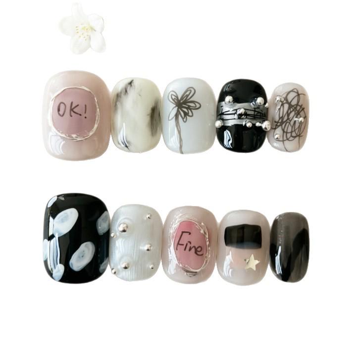 Pearl Black & White Korean Style Press-on Nails with Metallic 3D Effect and English Ins Style Design.