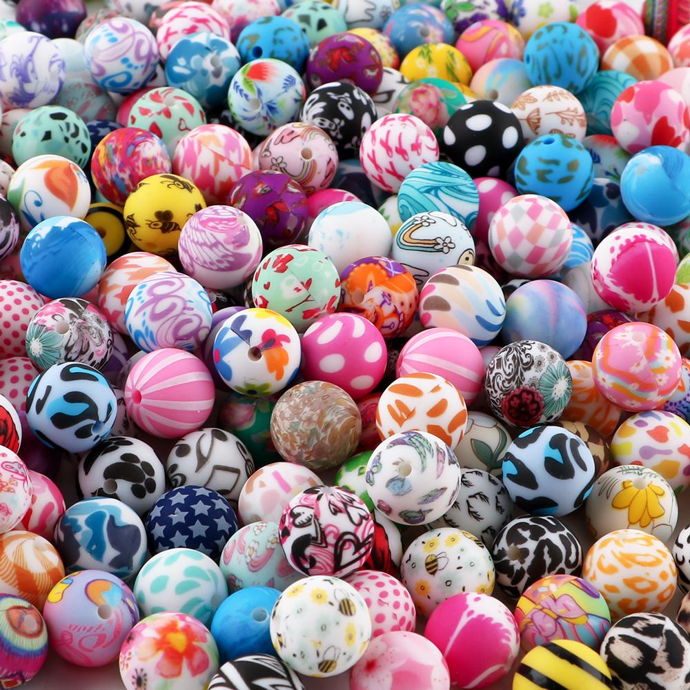 20Pcs/Bag 15MM Printed Silicone Beads Mixed For DIY Jewelry, Bracelets, Keychains, Etc