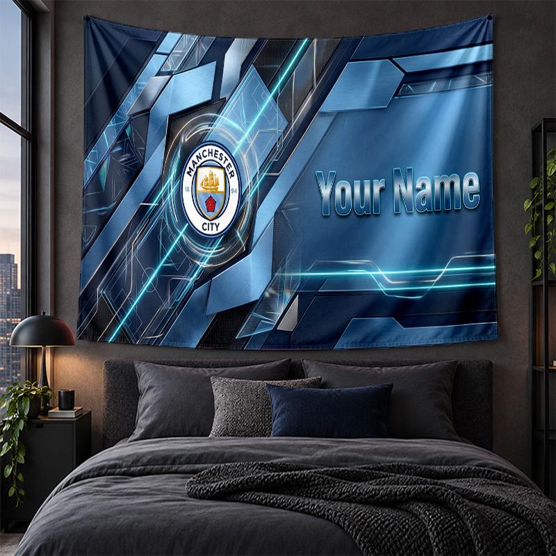 Arazzo Personalizzato da Appendere alla Parete con Motivo Manchester City Tessuto di Sfondo Artistico