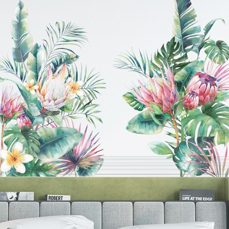 Tropical Green Leaves and Floral Wall Sticker Self-Adhesive Removable for Living Room Entryway Home Decor