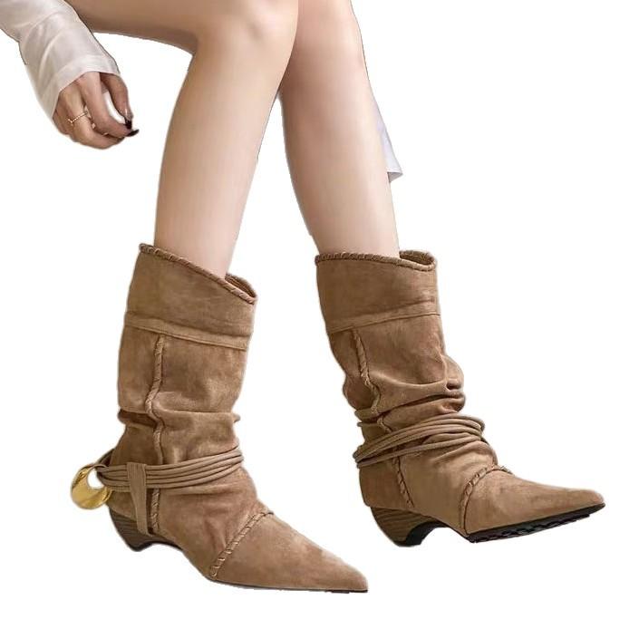 Brown fashion trend retro pointed thick heel boots women's shoes 2025 new autumn versatile height-increasing and thin short boots