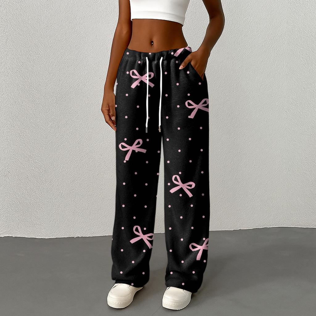 Women's Casual Fashion Printed Elastic Waist Loose Straight Leg Pants With Rope
