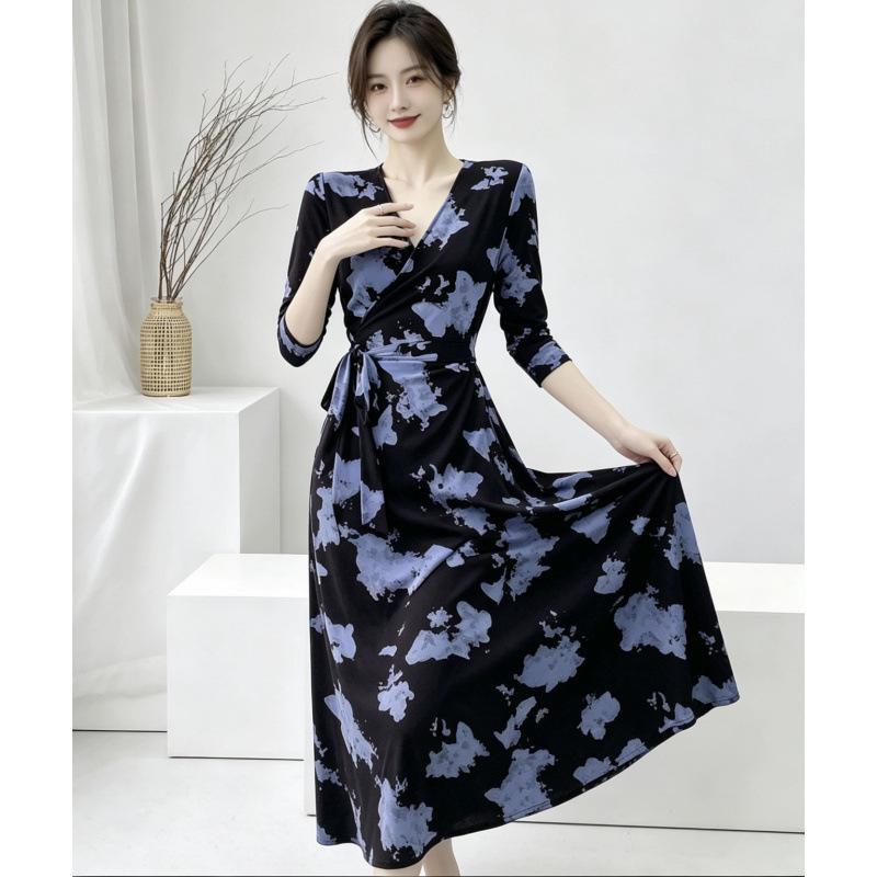 Spring and Summer Retro Style Printing Wrap Skirt Waist Strap One Piece V Neck Dress Slim Fit Hip Wrap Dress
