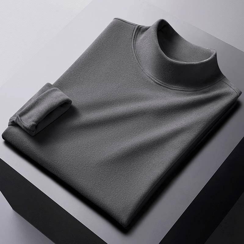 Men's Double-Sided Velvet Half-High Collar Long-Sleeve Black T-Shirt for Autumn and Winter