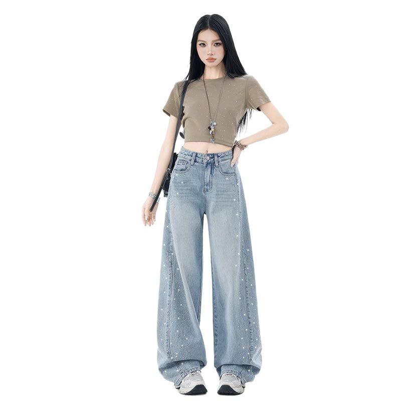 Batch autumn explosion, side hot diamond wide-leg jeans, women's loose meat covering and thin, advanced design sense drag