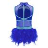Girls Jazz Latin Dance Costume Shiny Rhinestones Color Block Leotard with Feather Skirt Sleeveless Cutout Back