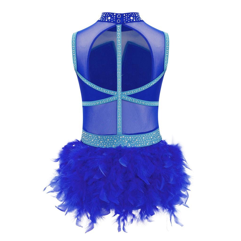 Girls Jazz Latin Dance Costume Shiny Rhinestones Color Block Leotard with Feather Skirt Sleeveless Cutout Back