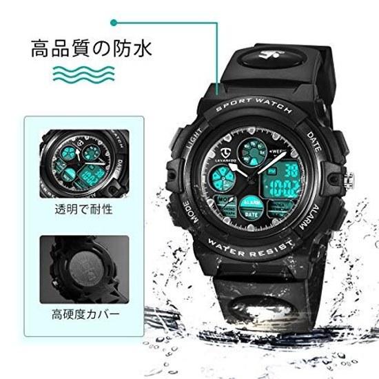 Childrens wristwatch boys sports watch outdoor multifunctional 50m waterproof alarm date day display dual time LED analog digital (black)