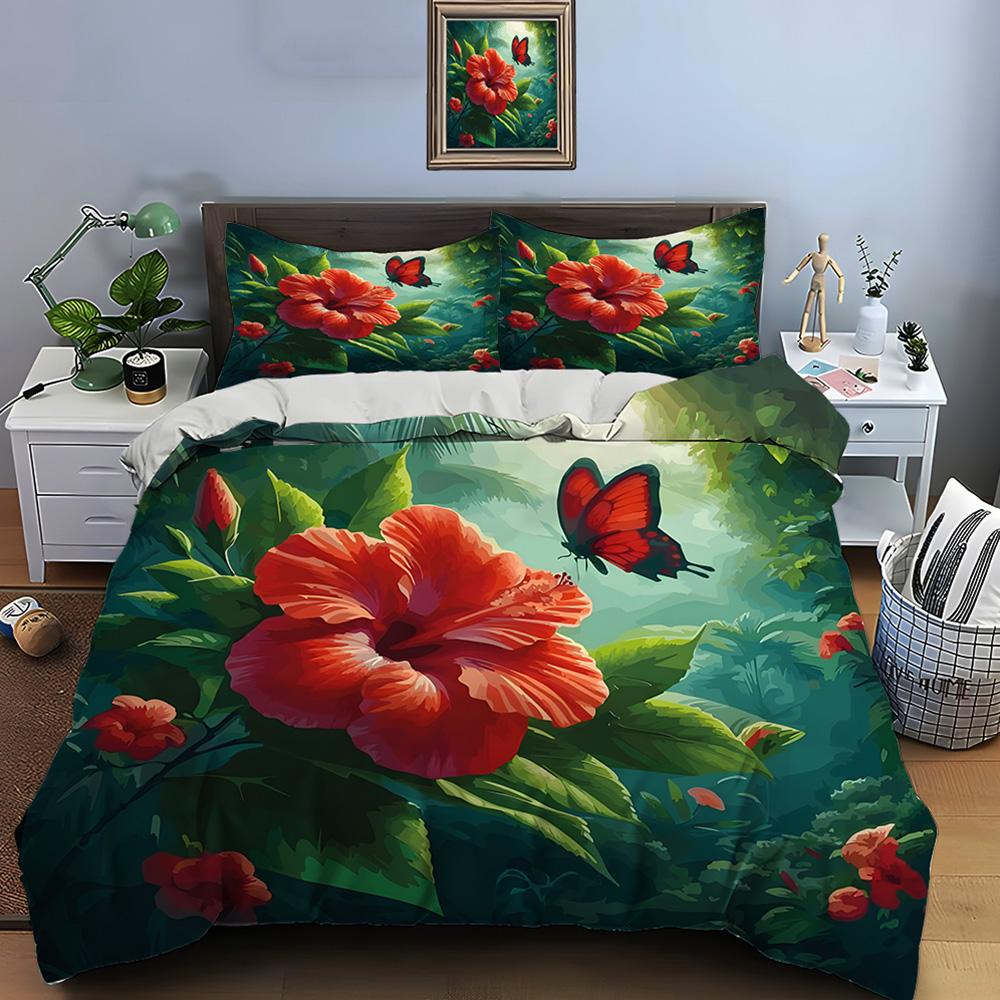 Red flower and butterfly in forest Bedding Set for Kids Luxury Gift 3pcs Digital Print Comforter Set Soft Comfortable Breathable