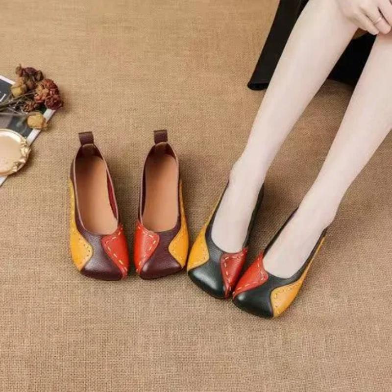 Spring and Autumn Soft-soled Shallow-mouthed Leather Single Shoes Women's Retro Handmade Women's Shoes Flat-bottomed Color Matching Mother Shoes