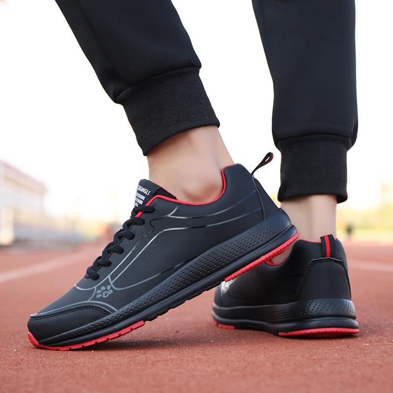 Foreign Trade Autumn and Winter Sports Shoes Men's Black Leather Waterproof and Lightweight Shock-absorbing Running Shoes Casual Soft-soled Travel Sh