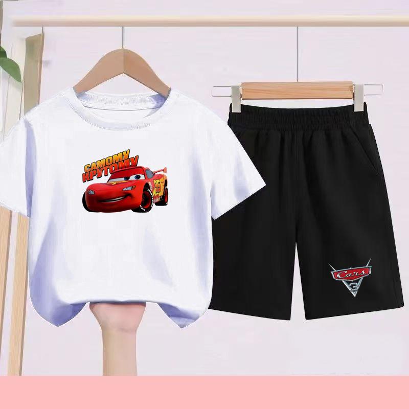 Children Aged 3 to 14 Summer Fashion T-shirt set Children Disney Car Print T-shirt + shorts Girl Boy Casual Tops Toddler Clothes