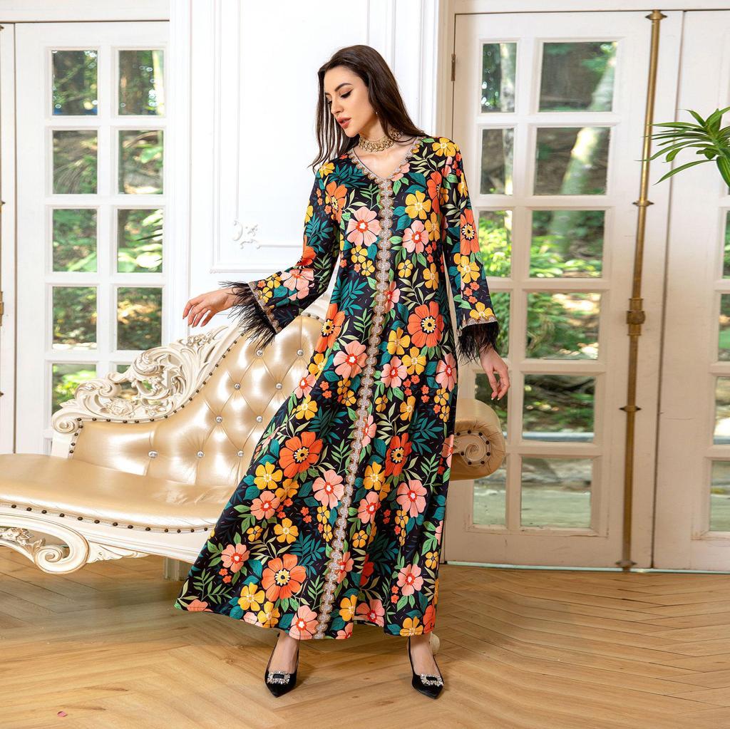 AB359 Stylish Long Robe with Feather Details: European & American Muslim Fashion