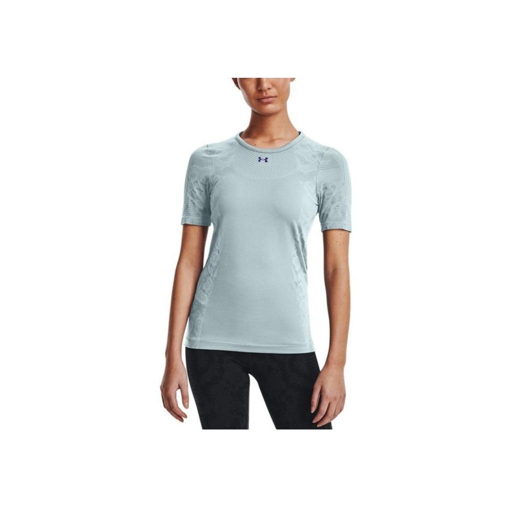 Under Armour Ua Rush Solid Logo Round Neck Sports Short Sleeve T-Shirt Women T-Shirts Blue 1365716-478