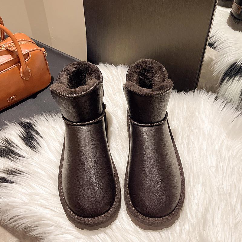 

Women s Large Size Leather Thick Sole Soft Sole Winter Warm Fur Snow Boots Padded Lined Ankle Boots Non-Slip Hiking Sports Cotton Boots 40 коричневый