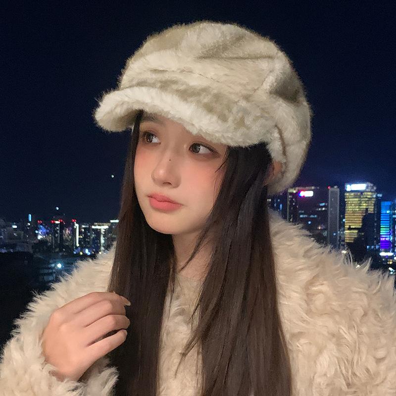 Autumn and Winter Hat Women's New Plush Cap Fashionable Warm Windproof Ear Hat Imitation Fur Octagonal Hat