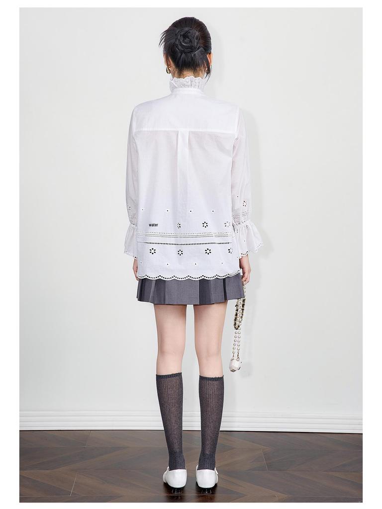 100% Cotton Romantic Lace Floral Stand Collar Embroidered Hollow Out Shirt Top