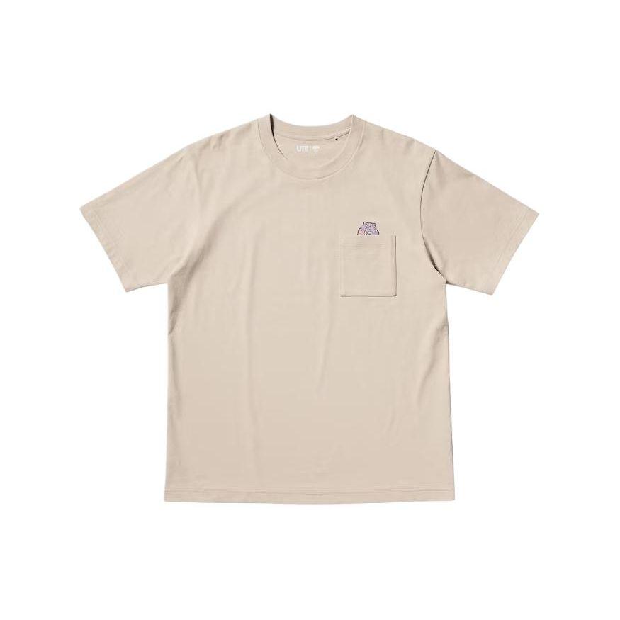 Uniqlo X Detective Conan Collaboration SS24 Cartoon Anime Front Pocket Graphic Round Neck Short Sleeve T-Shirt Unisex T-Shirt Beige 472192-30