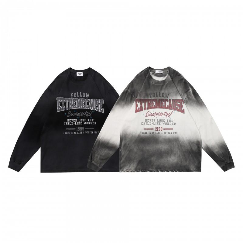Mens Oversized Cotton Long Sleeve Tee With Distressed Ink Print Vintage Streetwear Style Loose Fit Fall