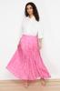 Women's Fashion New Hijab Skirt Powder Flower Patterned Pleated Elastic Waist Woven Skirt