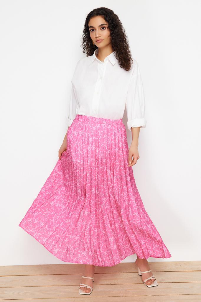 Women's Fashion New Hijab Skirt Powder Flower Patterned Pleated Elastic Waist Woven Skirt