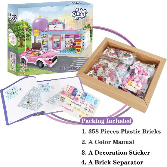 BRICK STORY Girls Friends Hair Salon Building Kit with 2 Mini People 5 Dolls Hair Creative Girls Friends Sets 358 Pieces with a Pink Convertible Car