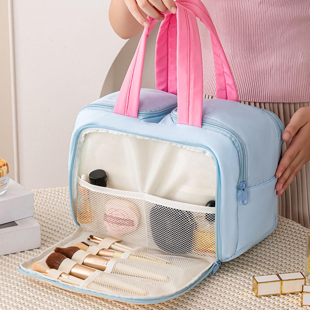 Spacious Multi Compartment Makeup Organizers With Cute Handle Durable Polyester Travel Cosmetic Case For Daily Use
