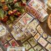 5.5*200cm Vintage Postal Stamps Tape, Gold Embossed Scrapbooking Supplies, Decorative Phone Background Sticker