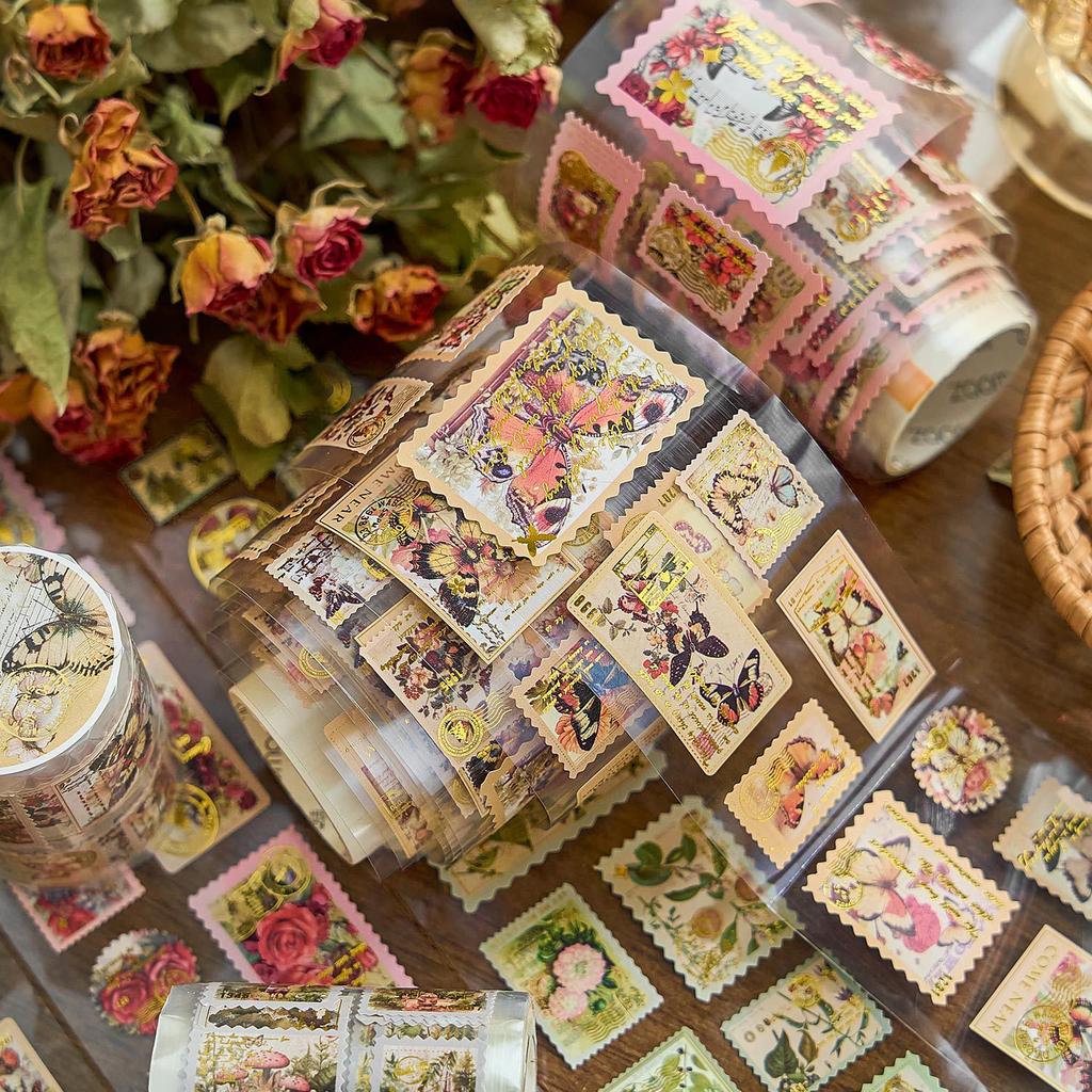 5.5*200cm Vintage Postal Stamps Tape, Gold Embossed Scrapbooking Supplies, Decorative Phone Background Sticker
